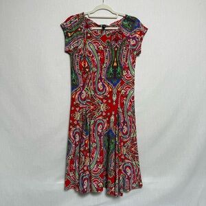 Lauren Ralph Lauren Dress Medium Red Paisley Print Short Sleeve Fit Flare